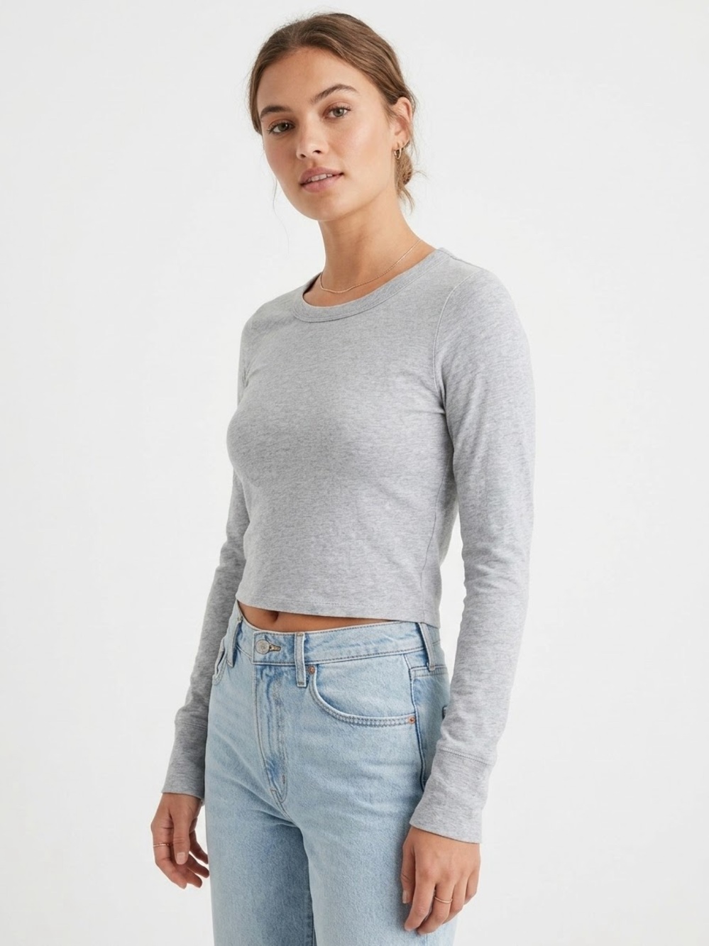 Aerie Long‑Sleeve Cropped Top – Heather Gray, Size Small